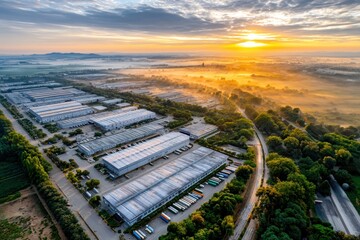 Expansive logistics center aerial view surrounded by greenery at sunrise