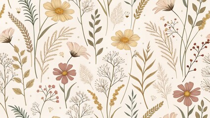 A seamless floral pattern featuring various wildflowers and leaves in soft pastel colors. The design includes delicate pink, yellow, and green elements on a light background.