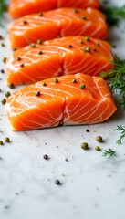 Fresh raw salmon fillets with green peppercorns and dill on marble surface, omega-3 rich seafood and clean eating concept in vertical format for healthy diet photography
