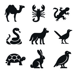Desert Wildlife Icons. Solid, filled icons set of desert wildlife: camel, scorpion, lizard, rattlesnake,