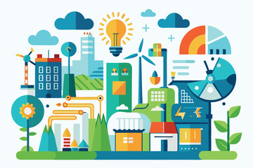 Colorful urban landscape illustrating renewable energy sources and sustainable living in a modern city environment