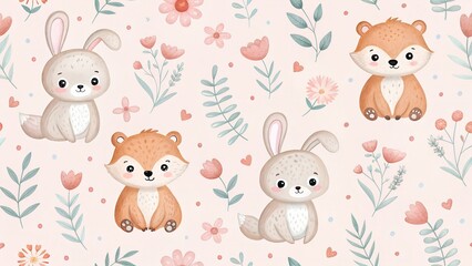 Naklejka premium A cute illustration featuring a gray rabbit, an orange fox, and a beige rabbit among pink flowers and green leaves on a soft pink background.