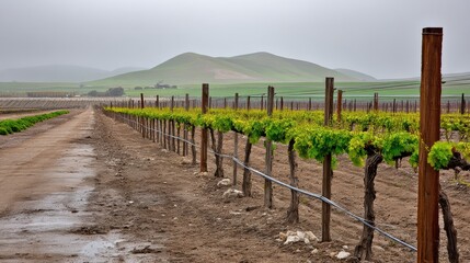 Morning mist envelops vineyard rows amidst green hills in tranquil landscape view