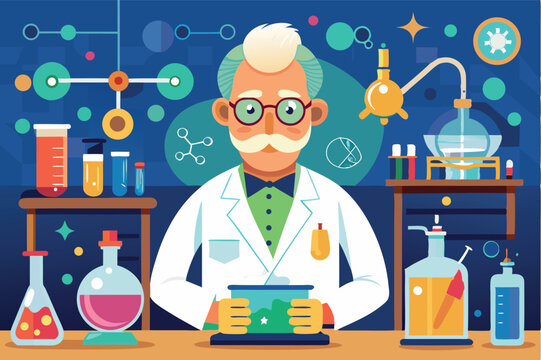 Scientist conducting experiments in a colorful laboratory with various scientific equipment and tools