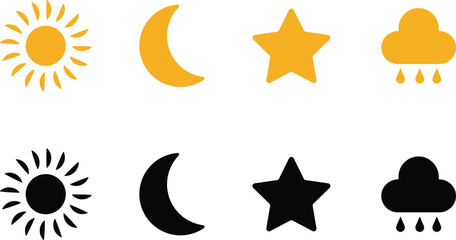 Sun, moon, cloud and star icon set isolated on transparent background. Moon sleeping, sunshine, starshine and rainy cloud. Atmosphere vector illustration. Weather symbols collection for web and app.
