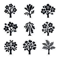 Flowering Trees Icons. Solid, filled icons set of flowering trees: cherry blossom, magnolia, apple bloom,