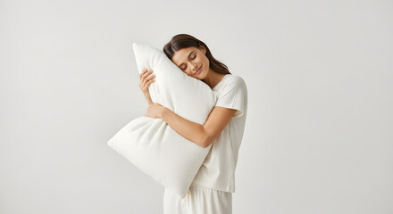 Young Woman Holding White Pillow in Comfortable Pajamas in Minimalist Room