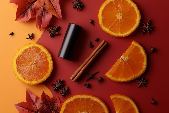 Orange wedges, cinnamon sticks, and cloves suspended in rich autumnal tones  - Powered by Adobe