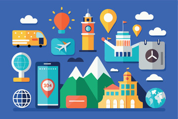 Naklejka premium Travel planning and exploration tools featuring iconic landmarks and symbols