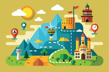 Colorful map illustration highlights various landmarks and activities in a whimsical landscape filled with mountains and buildings