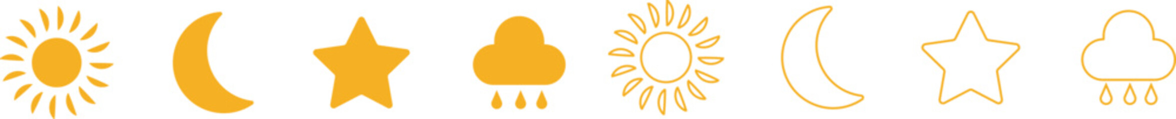Sun, moon, cloud and star icon set isolated on transparent background. Moon sleeping, sunshine, starshine and rainy cloud. Atmosphere vector illustration. Weather symbols collection for web and app.