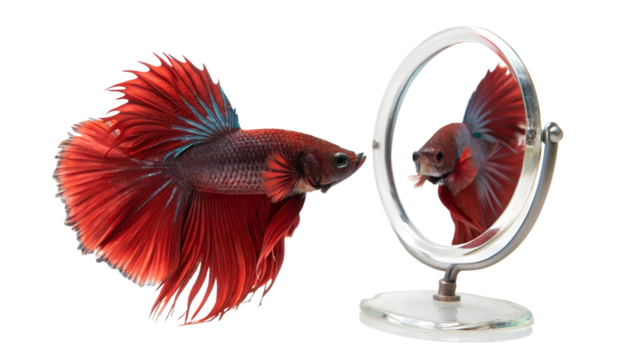 A vibrant red betta fish swims near a round mirror, reflecting its image. The background is transparent, emphasizing the fish and the mirror.
