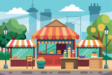 Fototapeta premium Colorful market stall with fresh produce in a bustling city park setting on a sunny day