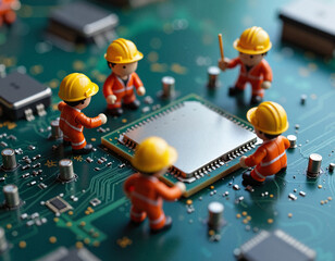 Miniature workers on Blurred background, in the microworld electronics maintenance, repairing a circuit board and handling a microchip. Tools, and electronic components, technology in repair