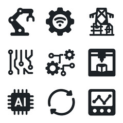 Industry 4.0 Icons. Solid, filled icons set of industry 4.0: factory robot, sensor gear, smart grid, digital