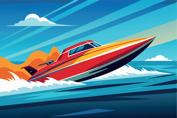 Colorful speedboat cutting through the waves on a sunny day in a coastal landscape
