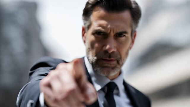 Businessman pointing directly at camera with assertive expression conveying authority, order, leadership, or confrontation.