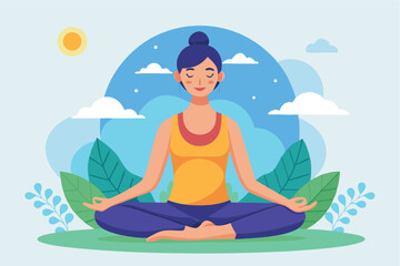 Meditating woman in a serene outdoor environment surrounded by greenery and soft clouds
