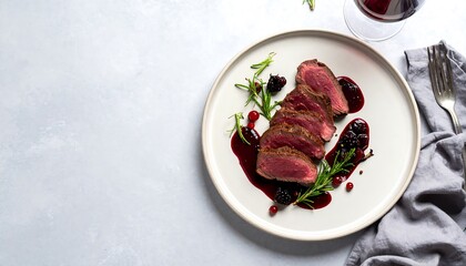 Sliced Rare Venison Loin with Beet Gel Blackberry Jus Pearl Onions on Plate