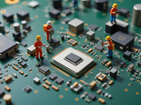 Miniature people on Blurred background, in a microworld setting repairing, maintaining electronics on circuit board. Workers in safety gear use tools fix microchip, resistors, capacitors, and traces.