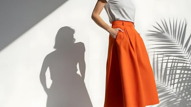Woman poses in orange skirt. Modern fashion, sunlit studio shot, trendy skirt, elegant style, sustainable fashion, summer clothing ads, outfit inspiration, eco-friendly textiles.