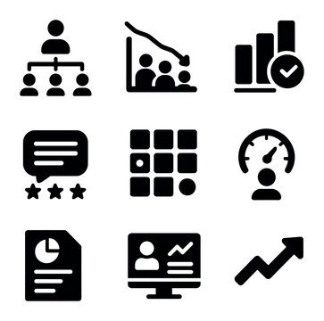 Workforce Analytics Icons. Solid, filled icons set of workforce analytics: employee chart, attrition graph,