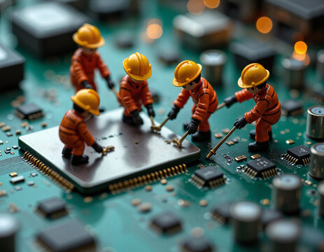 Tiny workers on Blurred background, in protective suits and helmets use tools to fix connections on microchip. Electronics and circuit board elements. Precision in a microworld technology landscape