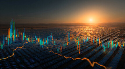 Solar Energy Investment Growth Chart & Sunset Aerial View