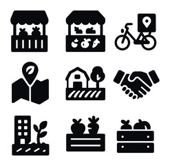 Local Food Icons. Solid, filled icons set of local food systems: farm stand, market tent, delivery bike, fresh