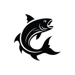 Fish jumping from water with curved splash silhouette, vector logo concept.