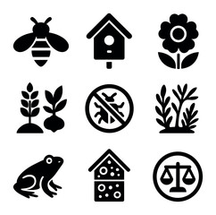 Farm Biodiversity Icons. Solid, filled icons set of farm biodiversity: bee icon, birdhouse, wildflower, mixed