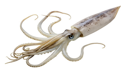 A detailed illustration of a common squid with elongated body and long tentacles. The squid is...