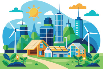 Modern sustainable city landscape with wind turbines and solar panels under a sunny sky