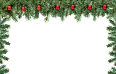 Frame Christmas tree branches with red balls in PNG isolated on transparent background