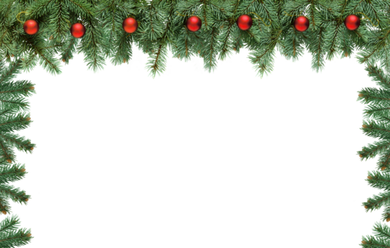 Frame Christmas tree branches with red balls in PNG isolated on transparent background