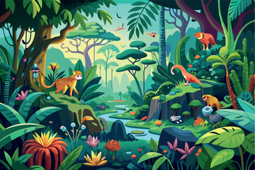 Lush jungle landscape with diverse wildlife and serene waterway at dawn
