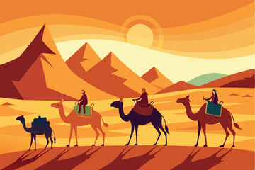 Camel caravan travels through desert landscape at sunset with mountains in background