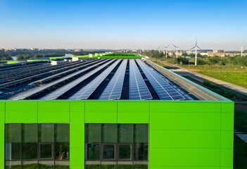 A vibrant green rooftop with solar panels and wind turbines highlighting sustainable energy solutions.