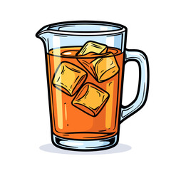 Refreshing Iced Tea in a Glass Pitcher with Ice Cubes, Hand Drawn Illustration Style
