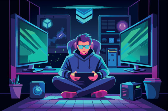 Gamer immersed in virtual world with high-tech setup in dimly lit room at night enjoying gaming session - Powered by Adobe