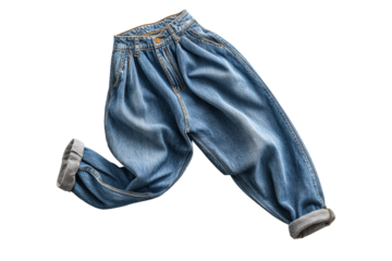 PNG Stylish blue denim jeans with rolled cuffs on black background