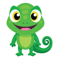 cute green smiling cartoon chameleon maskot with big eyes