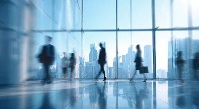Blurred figures walking in a modern office building