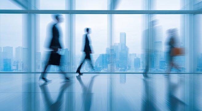Blurred figures walking in a modern office building (1)