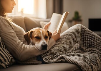 Woman reading on sofa with her cozy dog.