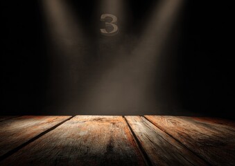 Dark stage with spotlight and wooden surface