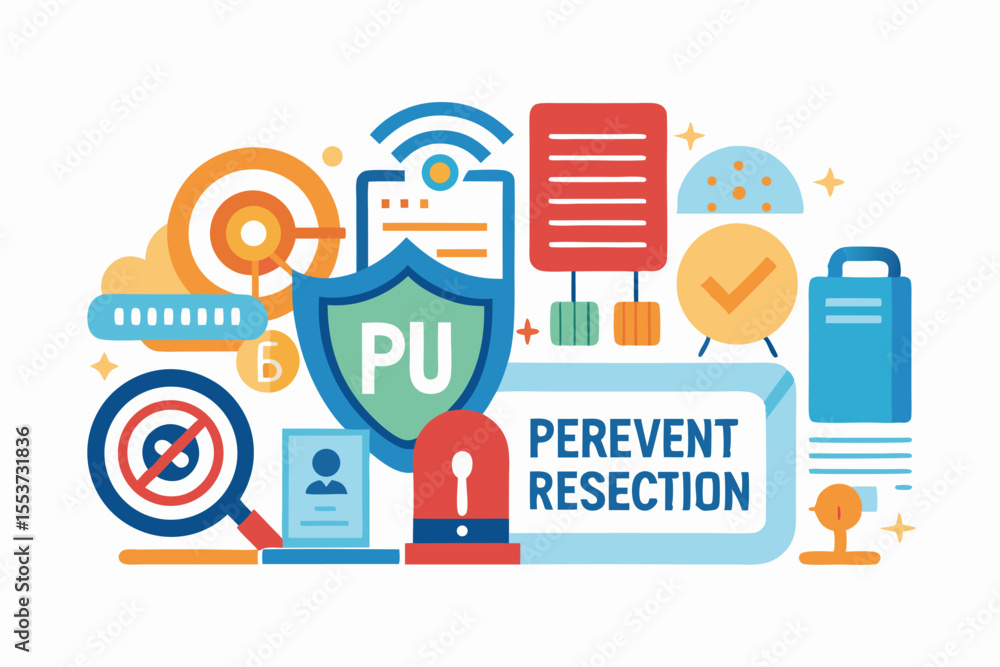 Aufkleber exploring patent law concepts through a flat illustration vector depicting various elements like sec