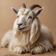 Obraz premium White Fluffy Goat Sitting Relaxed on Beige Background