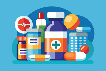 Various medicine bottles and pharmaceutical care items arranged on a blue background showcasing the essentials of healthcare and medication management