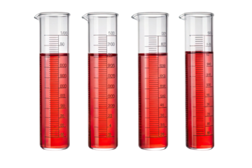 Four laboratory beakers filled with red liquid isolated on transparent background